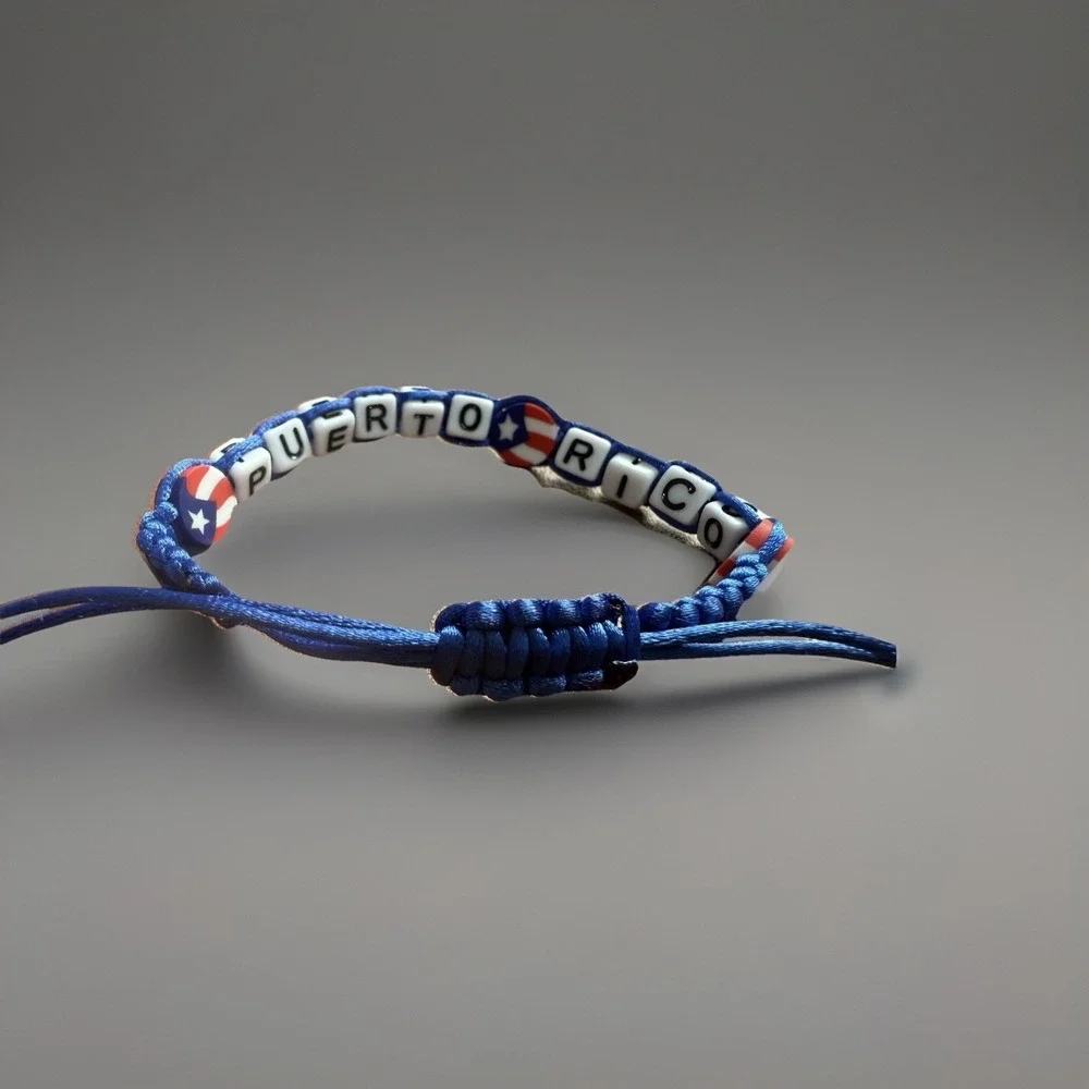 Puerto Rico Letters Unisex Macrame Bracelet Flag Beads Red Blue Black Adjustable